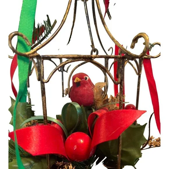 Vtg Christmas MCM Cardinal Metal Bird Cage Hanging Holly Ribbon